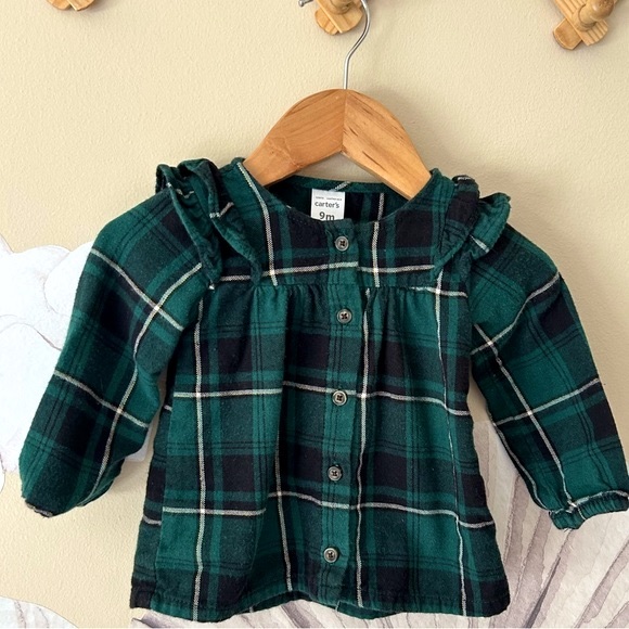 Carter's Green Plaid Button-front Top, 9M - Picture 3 of 7